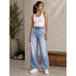 Mila Rosabella Pull-On Wide Leg Sweatpant Faux Denim Look Jeans Blue Women S NWT